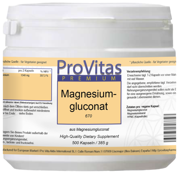Magnesium Gluconat á 670mg 500 vegane Kapseln