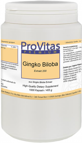 Gingko Biloba Extrakt 50:1, 200 mg, 1000 Vega Kps. Bulk